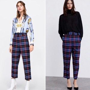 ZARA plaid Grazer High Rise Trousers Ankle Pants Belted Size S